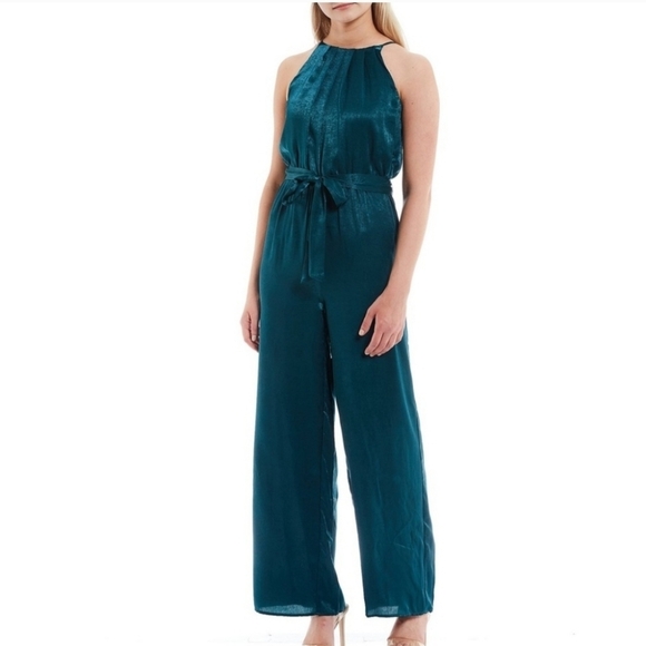 Evolutionary Pants - Evolutionary Teal Satin Jumpsuit Women's Medium Sleeveless Tie Waist #918